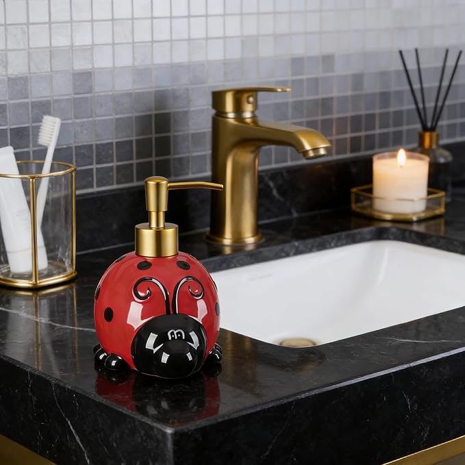 17 OZ Ladybug Ceramic Soap Dispenser with ABS Pump,Refillable Liquid Bathroom soap Dispenser for Lotion ,Body Wash ,Cute Kitchen Soap Dispenser for Dish Soap,Hand Soap