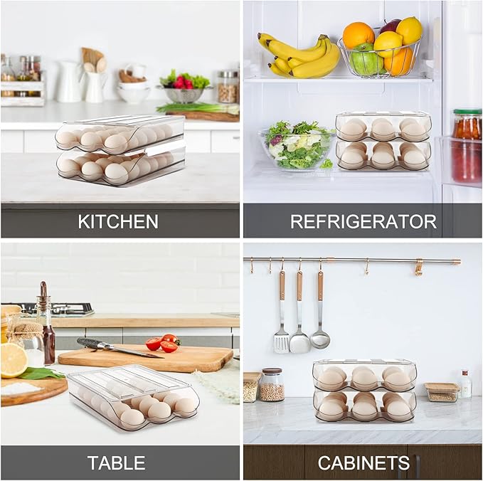 Egg Holder for Fridge, Automatically Rolling Egg Storage Container for Refrigerator,Large Capacity Egg Organizer for Fridge with Lid,Clear Plastic Dispenser, Tray & Bin -2 Layer