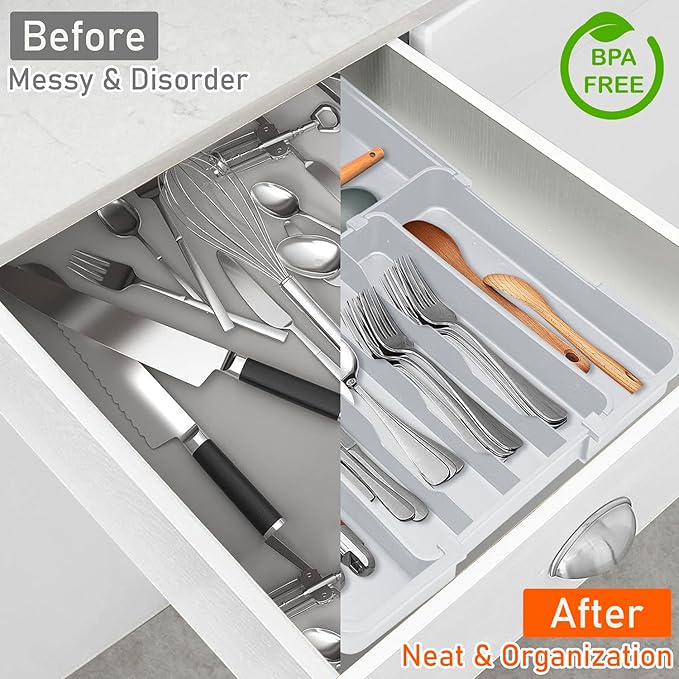Expandable Silverware Drawer Organizer - 7 Compartments BPA-Free Kitchen Utensil Tray, Adjustable 12.6”×9.5" to 19"×15.2", Cutlery Drawer Organizer, Gray