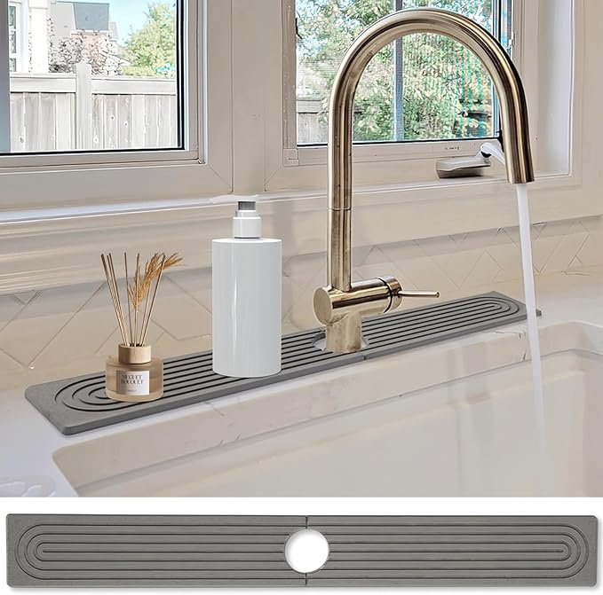 Stone Faucet Mat for Kitchen Sink- 23.6''x 3.9''Diatomite Fast-Drying Faucet Mat, Super Water Absorbing Stone Tray for Sink,Faucet Splash Guard for Bathroom Counter (Dark Gray)