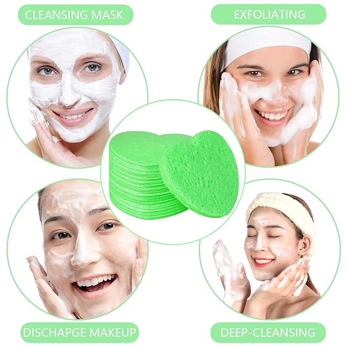 50-Count Facial Sponges Compressed, 100% Natural Cellulose Face Sponge Professional Cosmetic Spa Sponges for Face Cleansing, Exfoliating Mask, Makeup Removal for Travel and Home, Green