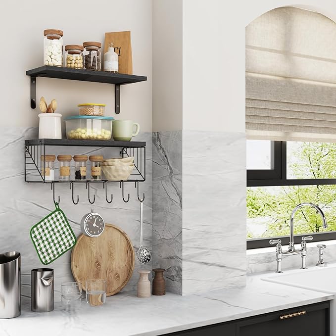 Fixwal Bathroom Floating Shelves Over Toilet Wall Shelves Set with Towel Storage Rack for Bathroom Organization & Wall Decor(Black)