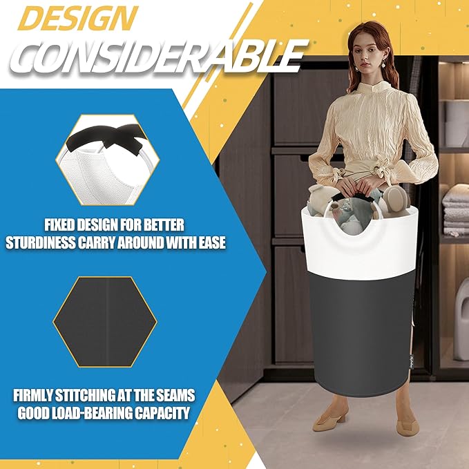 100L Laundry Basket, Collapsible Laundry Hamper with Padded Handles, Waterproof Laundry Bag, Tall Clothes Hamper Stand Up Well, Foldable Laundry Baskets for Easy Storage(Grey)