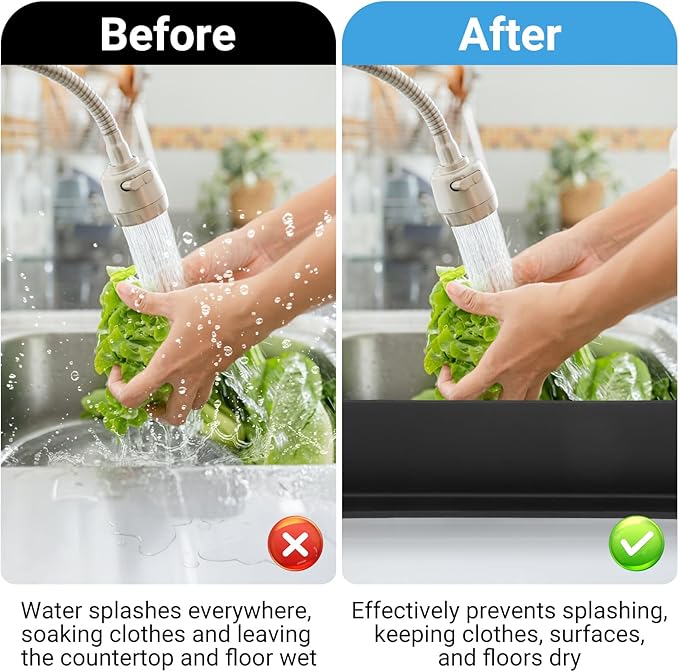 19.29 inch Sink Water Splash Guard, Silicone Sink Splash Guard, Backsplash Protector for Kitchen Countertop & Bathroom Bathtub with Non-Slip Strong Suction, Black