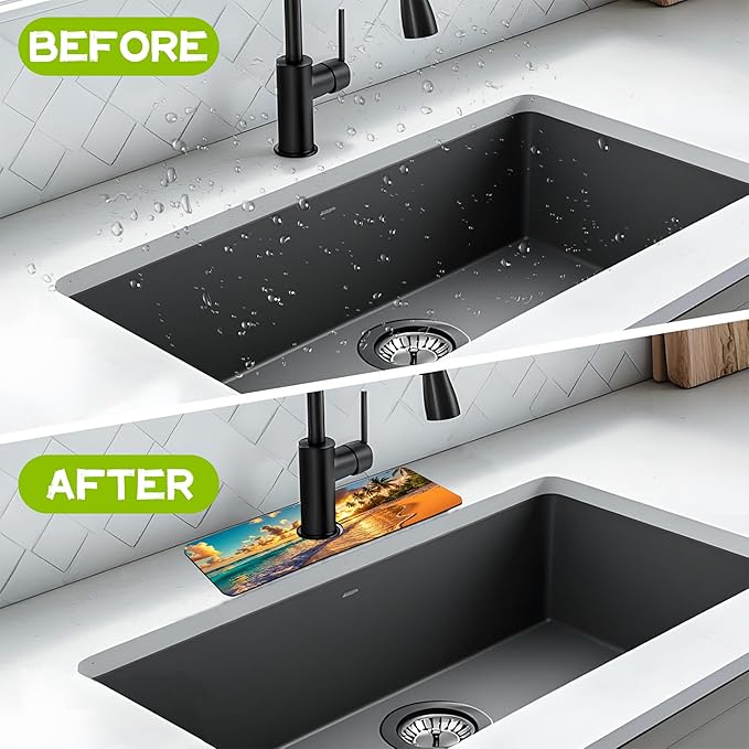 Sunset Beach Waves Palm Trees Kitchen Sink Splash Guard Faucet Mat Super Absorbent Fast Drying Mat Guard Behind Faucet Drip Catcher for Kitchen Bathroom, 15.5"X5.5"
