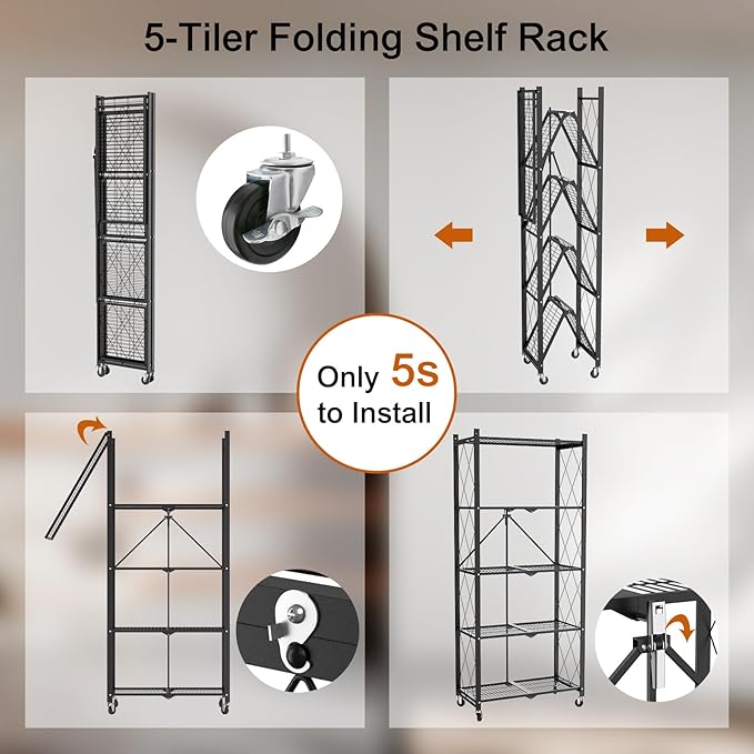 5 Tier Foldable Metal Storage Shelf with Wheels, 500 LBS Heavy Duty Collapsible Wire Shelving Unit, Rolling Utility Rack Cube Bookshelf for Kitchen Pantry Office Garage, 64" x 13" x 27" Black