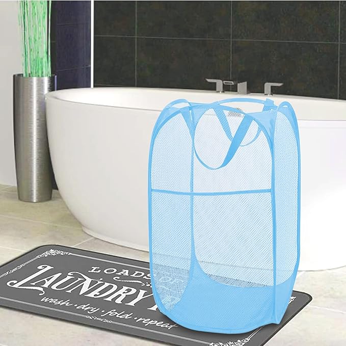 BATTOO Deluxe Strong Mesh Pop up Laundry Hamper Basket with Side Pocket Foldable Hamper for Laundry Room, Bathroom, Kids Room, College Dorm or Travel Light Blue
