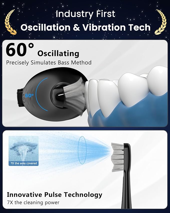 3-in-1 Flossing Toothbrush – Flosses, Vibrates and Oscillates, Electric Toothbrush with Water Flosser for Adults, 5 Brush Heads, 3 Modes for Plaque Removal, Sensitivity & Braces, Travel - Black