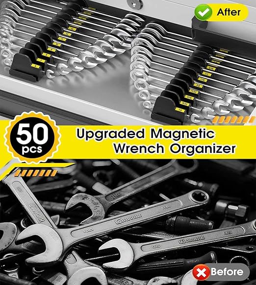 50pcs Magnetic Wrench Organizer Set for Metal Tool Box,Modular Wrench Holder with Metric&SAE Labels