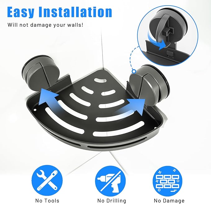 XXKMDXW Corner Shower Caddy Suction Cup Shower Shelf Corner No Drilling Bathroom Shower Organizer Storage Rack Suction Cup Type with Towel Bar Hooks