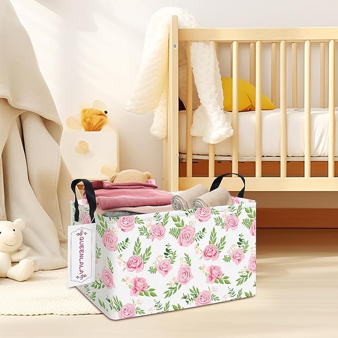 QUEENLALA Rectangular Laundry Hamper/Foldable Nursery Laundry Basket for Organizing/Storage Bin Baskets/Children Toy Office Bedroom/Toy Bin Closet Shelf Baskets (Rec-Pink roses)