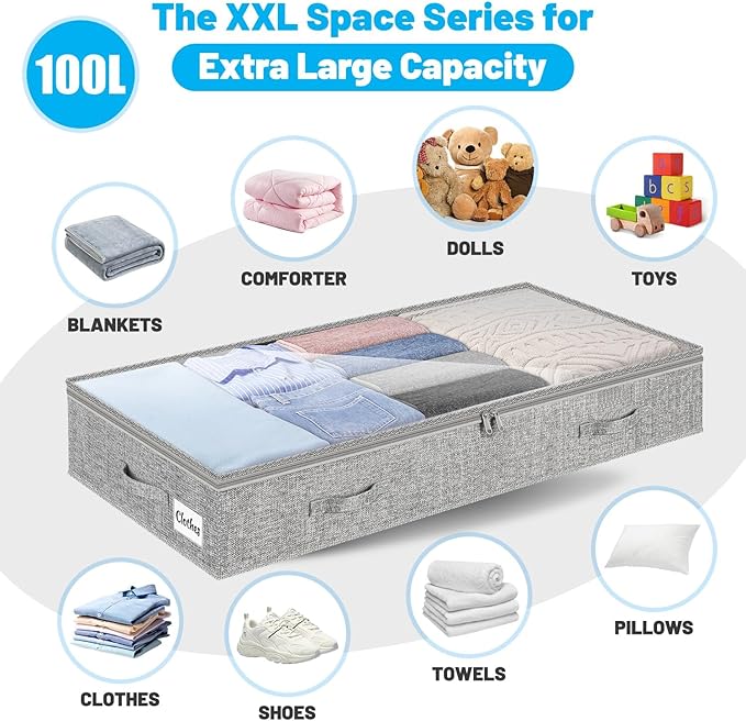 2 Pack 100L Under Bed Storage Containers, Low Profile Closet Organizers and Storage Bins for Dorm, Foldable Underbed Bag for Clothes, Blanket, Sheets, Wrapping Paper, Clear Window & Dual Zippers, Grey