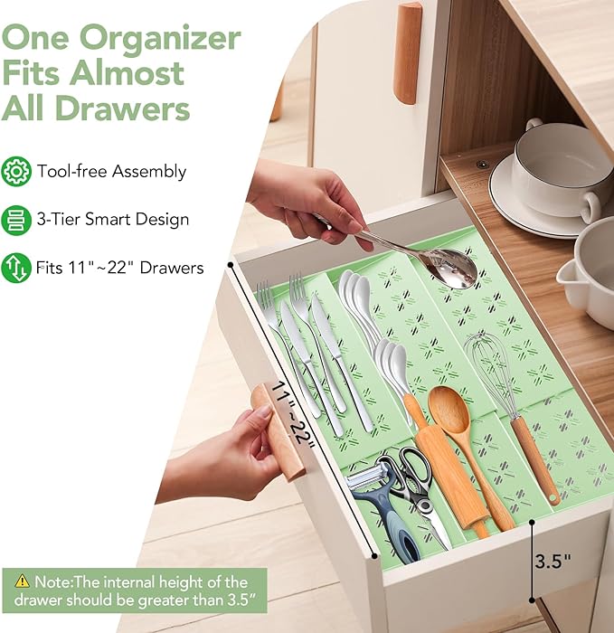 Expandable Spice Drawer Organizer (11"-22"), 3-Tier Slanted Kitchen Cabinet Rack with Labels & Funnel, Adjustable for Standard & Tall Bottles, Versatile for Bathroom & Office – Jars Not Included