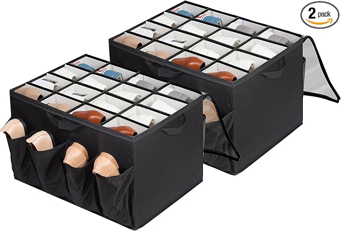 Fabric Shoe Organizer for Closet, Fits up to 24 Pairs, Foldable Shoe Storage Bin Containers with Adjustable Dividers and Clear Cover, Black, 2 Pack