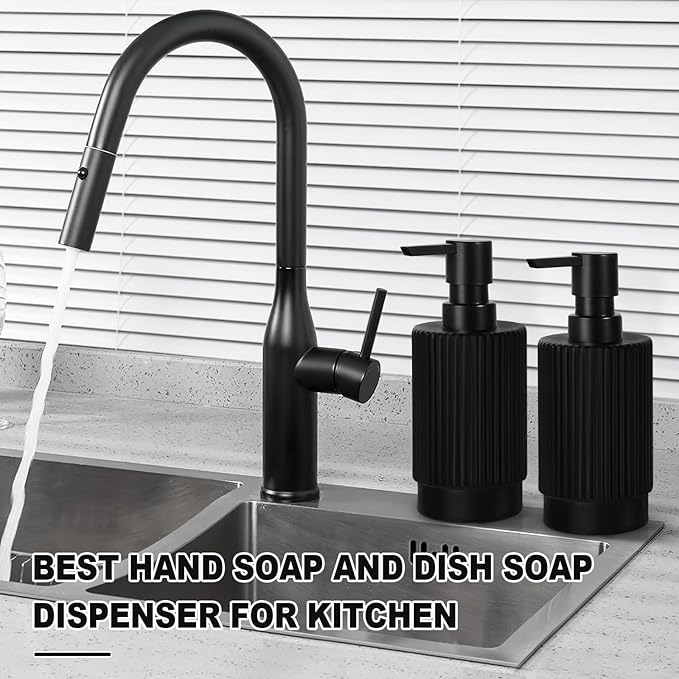 Hand and Dish Soap Dispenser Set for Kitchen, 2 Pack 11 fl oz Matte Black Ribbed Glass Soap and Lotion Dispensers Sets with Pump for Bathroom, Modern Refillable Liquid Soap Pump Bottle