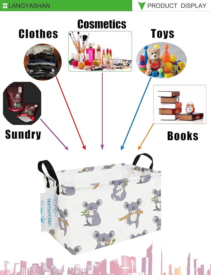 LANGYASHAN Rectangular Storage Bin Collapse Canvas Fabric Cartoon Storage Basket with Handles for Organizing Home Kitchen Boys and Girls Toys Office Closet Shelf Baskets (Rec Koala)