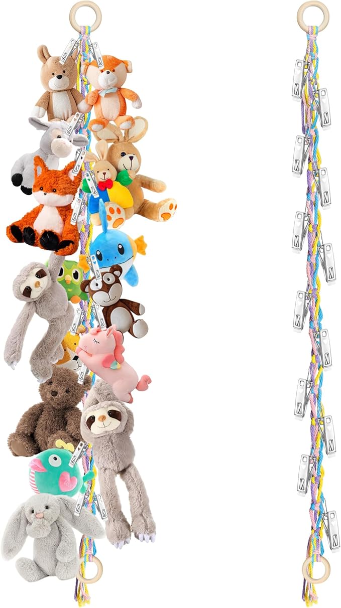 Hanging Stuffed Animal Storage Hammock - 78 Inch Stuffed Animal Net with 20 PCS Metal Clips, Macrame Stuff Animals Organizer for Room Decor