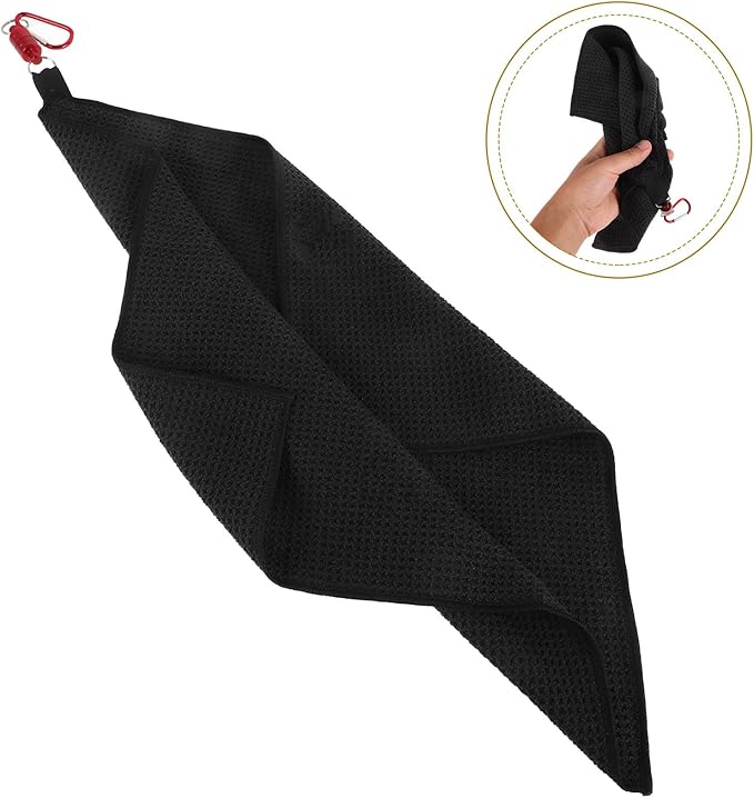 Waffle Microfiber Golf Towel with Magnetic Clip Breathable Cleaning Cloth for Golf Balls Black Sports Towel for Men and Women