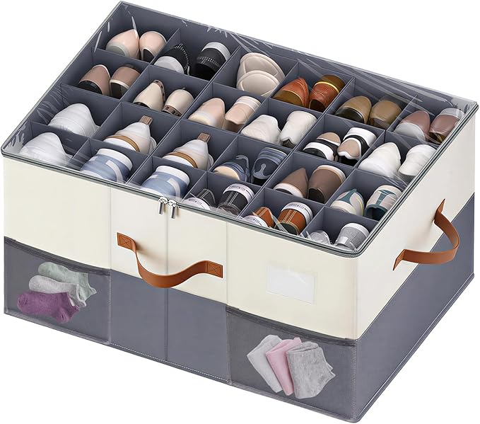 1 Pack Shoe Organizer for Closet Fit 12-24 Pairs with Adjustable Dividers, Large Foldable Shoe Storage Containers Box Bin w with Clear Lid and 4 Handles,with 2 mesh pockets,with Category Lable