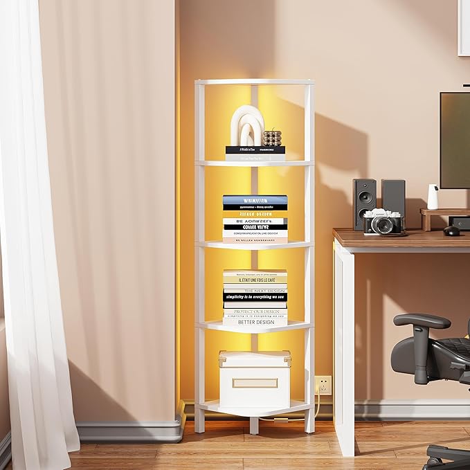 TUTOTAK Corner Shelf with LED Light, 5-Tier Corner Bookshelf for Small Space, Narrow Display Corner Shelf Stand with Storage Rack, for Living Room, Bedroom, White BS08BW005L