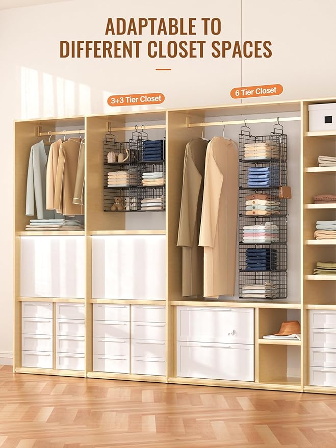 6 Tier Closet Hanging Organizer, Metal Closet Organizers and Storage with 4 Hanging Hooks 4 S-Hooks for Wardrobe Laundry Room, Wire Storage Shelf for Clothes Sweaters Pants (Black)