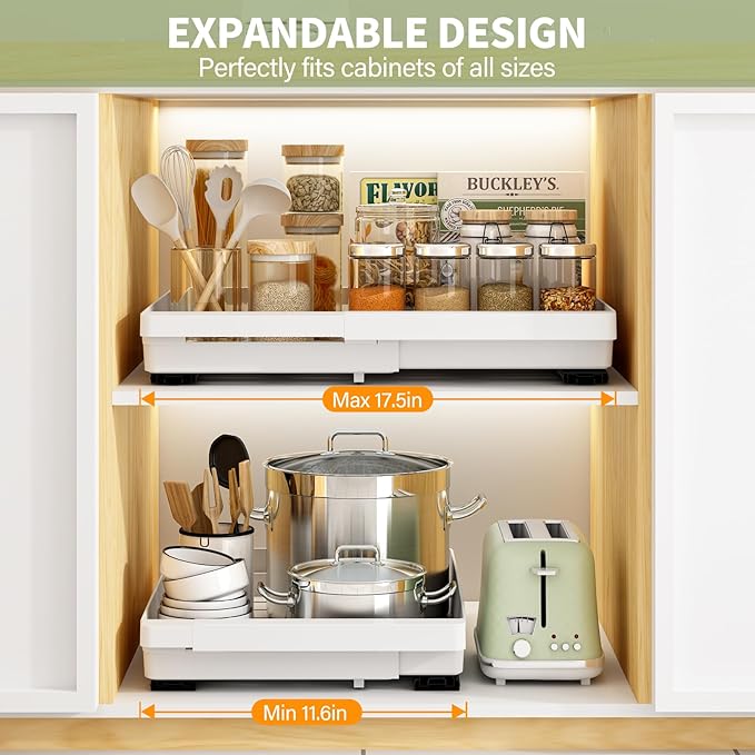 2 Pack Pull Out Cabinet Organizers Expandable, Plastic Slide Out Drawers for Kitchen, Bathroom, Pantry, Under Sink Storage, Pull Out Drawers Fixed with Adhesive Nano Film (White, 11.6''-17.5'')