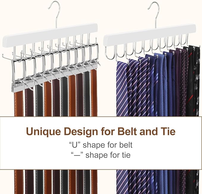 TOPIA HANGER 20 Hooks 2 in 1 Belt Tie Hanger for Closet Max 30 Belts with 30 Ties Capacity, Belt Tie Racks Wooden Hanger for Closet Organizer Storage “U” Fit for Belt and “一” Fit for Tie - CT47W