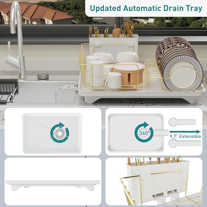Buruis Dish Drying Rack for Kitchen Countertop, Large Capacity Gold Stainless Steel Dish Drainer with Anti-Slip Rubber Feet, Removable Drain Board and Utensil Holder (White Tray)