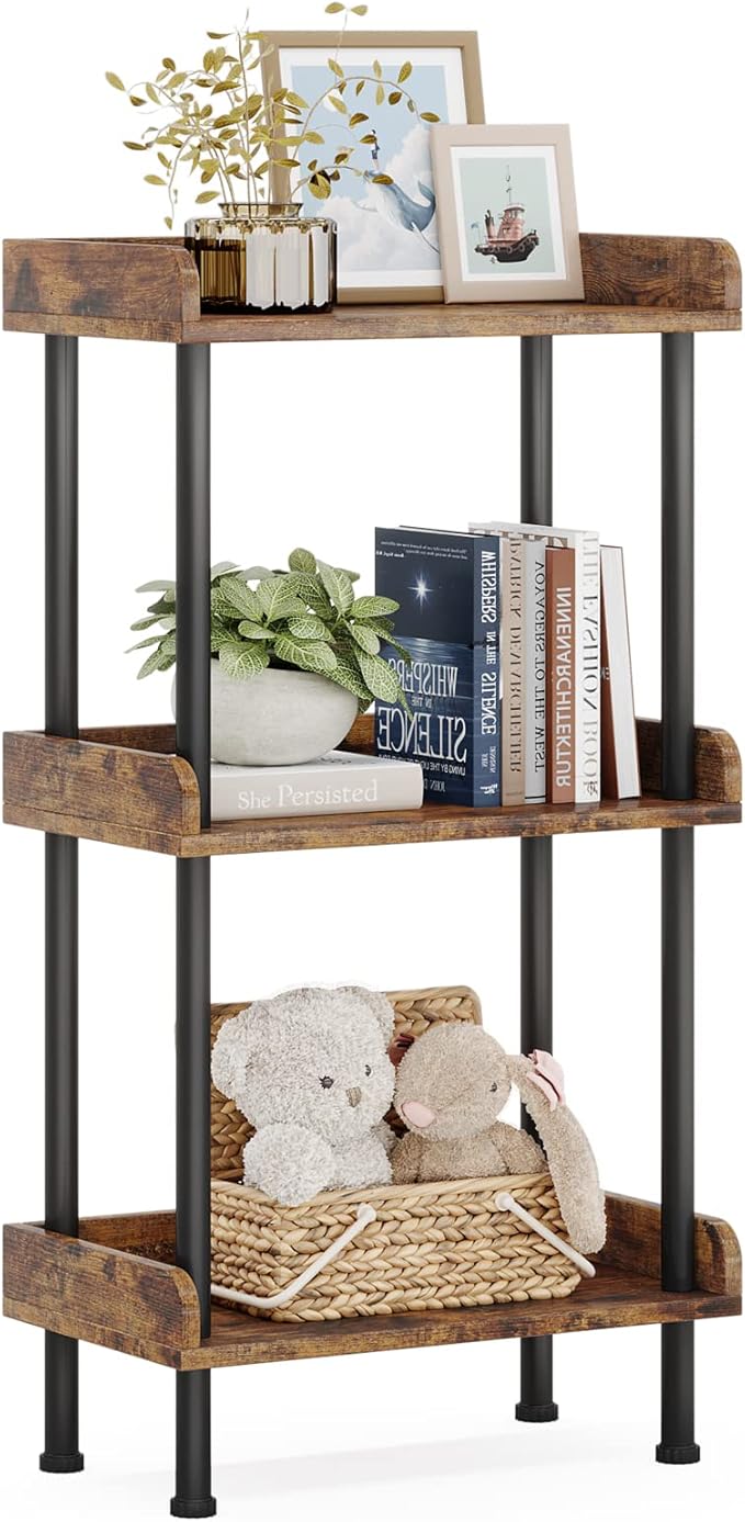 Hosfais Bookshelf Small Book Shelf, 3 Tier Wood Bookcase Industrial Bookshelf Metal Standing Book Shelves Display Book Rack for Living Room Bedroom Home Office (Rustic Brown)