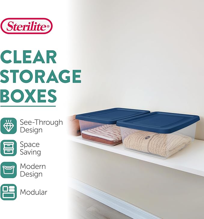 Sterilite 12 Pack Storage Boxes, Clear Plastic Stackable Containers, Lightweight Home Organizers with Snap Lids, 12 Quart, Marine Blue (6 Pack)
