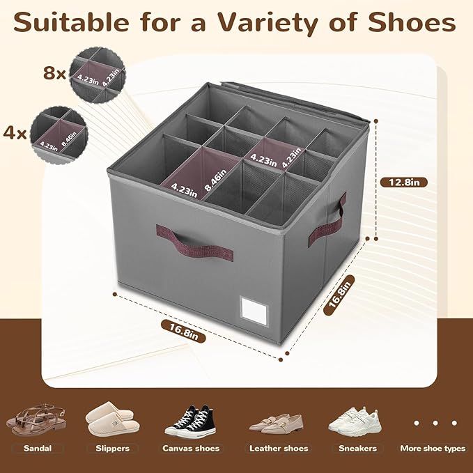 Shoe Organizer for Closet, 2 Pack Large Shoe Box Storage Containers,Shoe Storage Bins Fits 12-16 Pairs，Space Saving Shoe Organizers Bins with Clear Lids and Handles,Grey