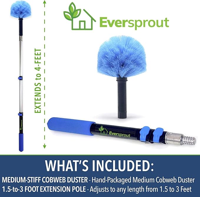 EVERSPROUT 8-10 Feet Standing Reach | 1.5-to-3 Foot Cobweb Duster and Extension-Pole Combo & Lightweight 3-Stage Aluminum Pole | Hand-Packaged Indoor/Outdoor Use Brush Attachment