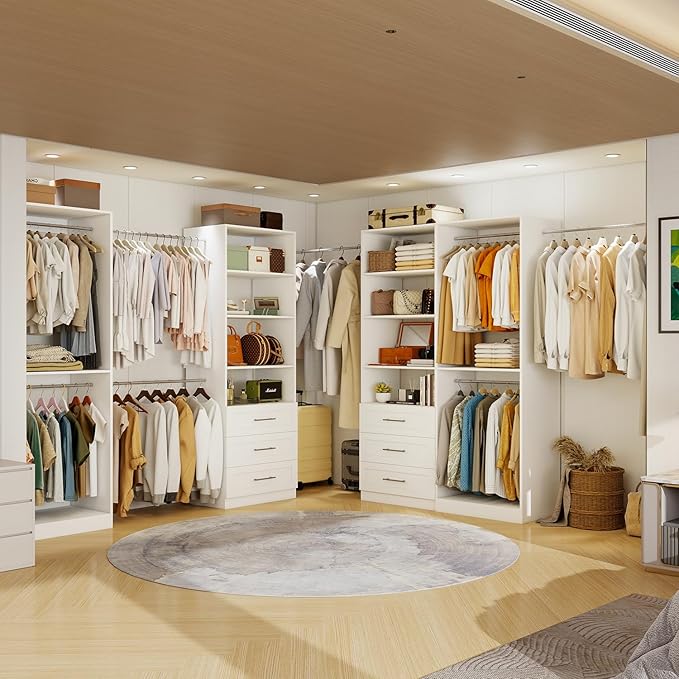 Closet System of 4 Sets with 6 Drawers & 8 Shelves & 8 Hanging Rods, 8FT-20FT Closet Organizer System, Walk in Closet, Modular Closet System White ( 8FT)
