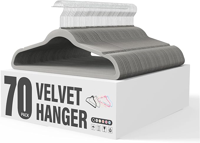 YSSOA Velvet Hangers 70 Pack, Non-Slip Clothes Hangers with Shoulder Notches, 360° Swivel Hooks, Heavy Duty Standard Hanger for Closet Space Saving, Grey
