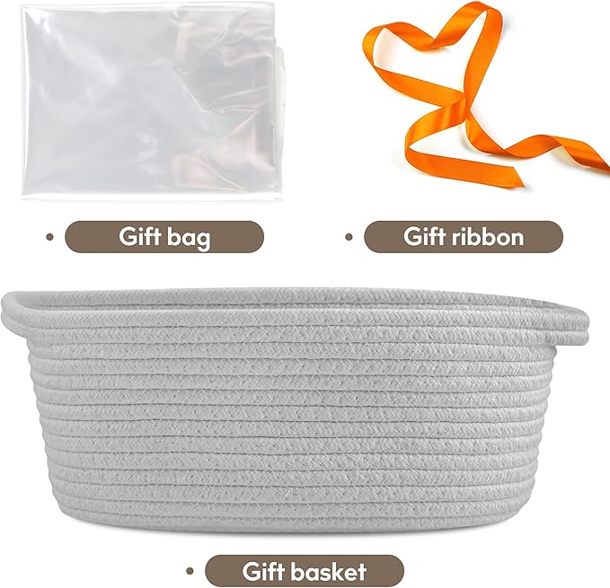Pro Goleem Small Woven Basket with Gift Bags and Ribbons Durable Baskets for Gifts Empty Small Rope Basket for Storage 12"X 8" X 5" Baby Toy Basket with Handles, Gray