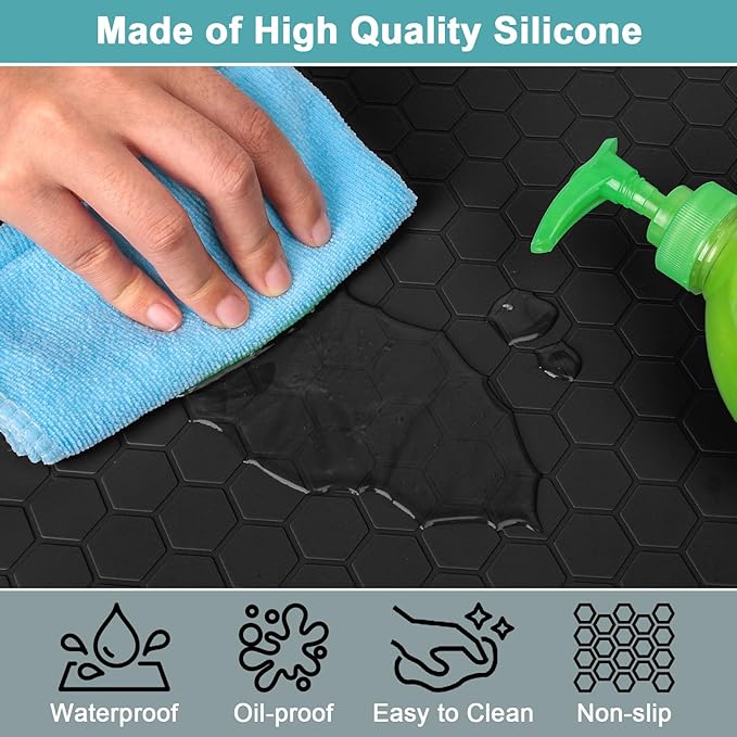 Under Sink Mats for Kitchen Waterproof, 34" x 22" Silicone Under Kitchen Sink Mats and Protectors for Cabinets, Under Sink Tray Organizer, Shelf Liners Cabinet Liner for Kitchen and Bathroom, Black