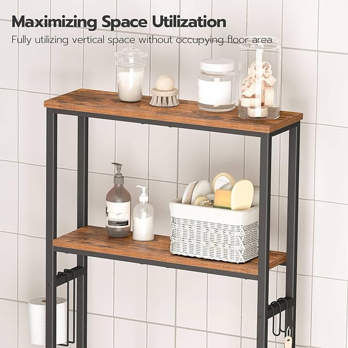 HOOBRO Over The Toilet Storage, 2-Tier Bathroom Organizer Over Toilet, Freestanding Bathroom Storage Shelves with Toilet Paper Holder and Hooks, Space Saver for Room, Rustic Brown and Black BF49TS01