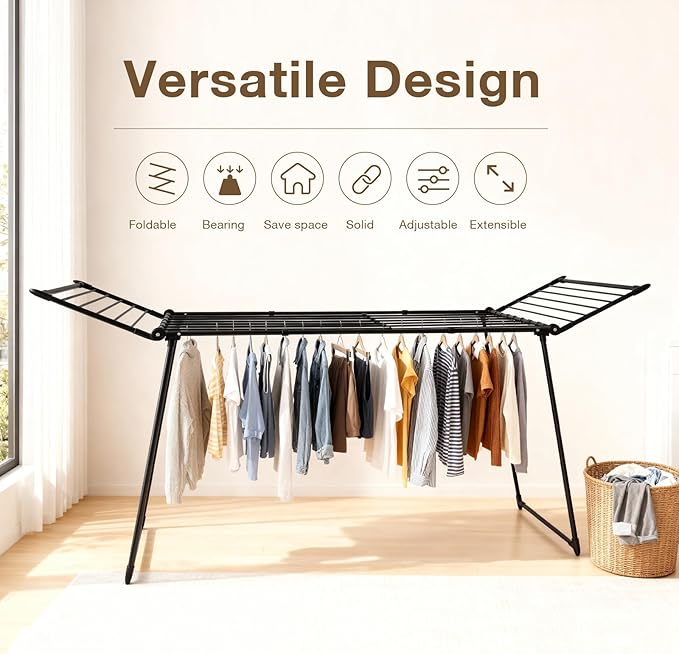 YUBELLES Expandable Clothes Drying Rack, Gullwing Laundry Drying Rack, Space-Saving, Towels, Linens, Indoor, Outdoor Black