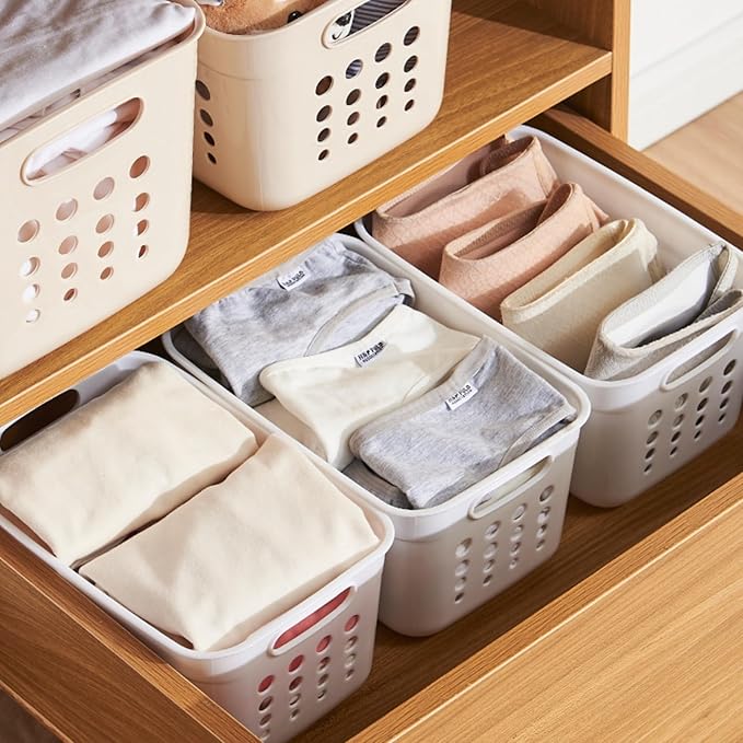 DEAYOU 9 Pack Plastic Storage Basket, Small Pantry Organizer Basket Bins, Rectangular Storage Tray Baskets Container with Handle for Shelf, Bathroom, Household, Desktop (Beige, White, Gray)
