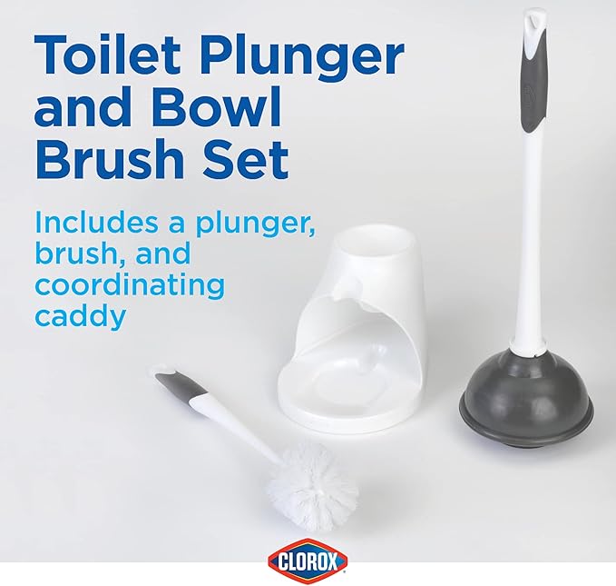 Clorox Toilet Plunger and Bowl Brush Combo with Caddy, 6.75 x 7 x 19.5 in, White/Gray
