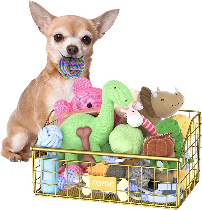 Indestructible Dog Toy basket, Small Toy Box for Dogs, Pet Toy Bin Dog Metal Basket for Toys, Toy Storage Organizer, Cat Toy Box for Living Room Area(Gold)