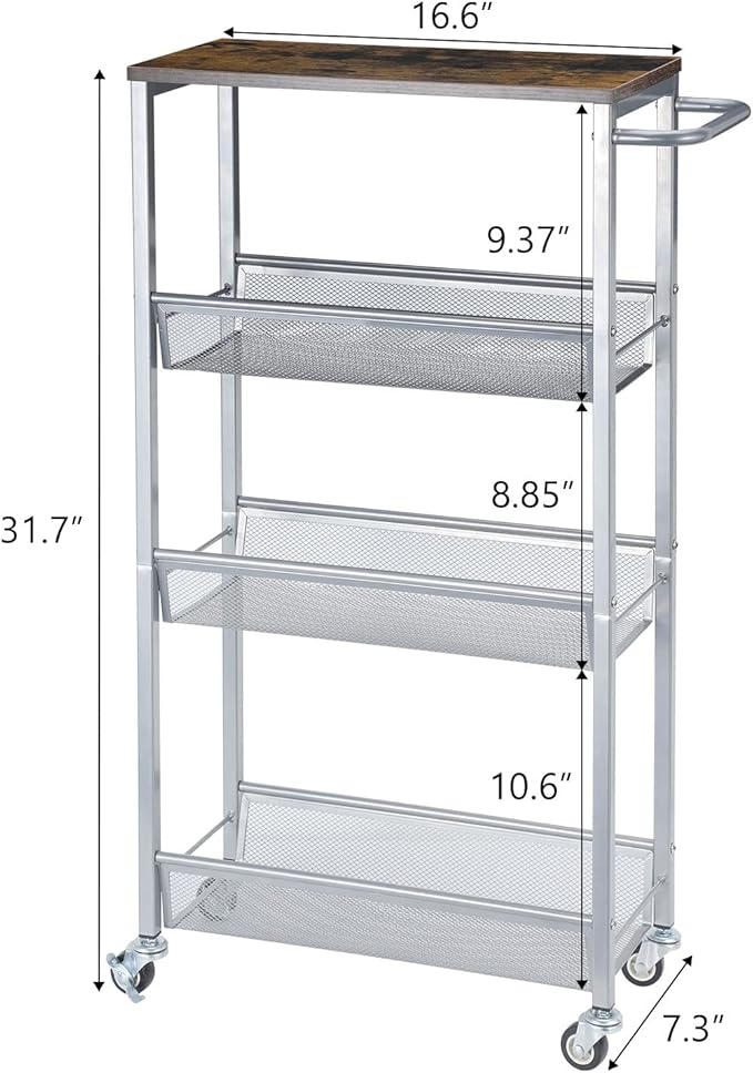 NANANARDOSO 4-Tier Slim Rolling Cart with Wood Top, Narrow Storage Organizer with Wheels & Handle for Kitchen Bathroom Laundry Room, Black, Silver.