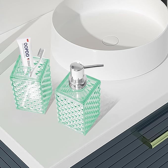 2PCS Mint Green Bathroom Accessories. Contain Soap Dispenser and Toothbrush Holder Set. Boho Bathroom Set for Blue Bathroom Décor