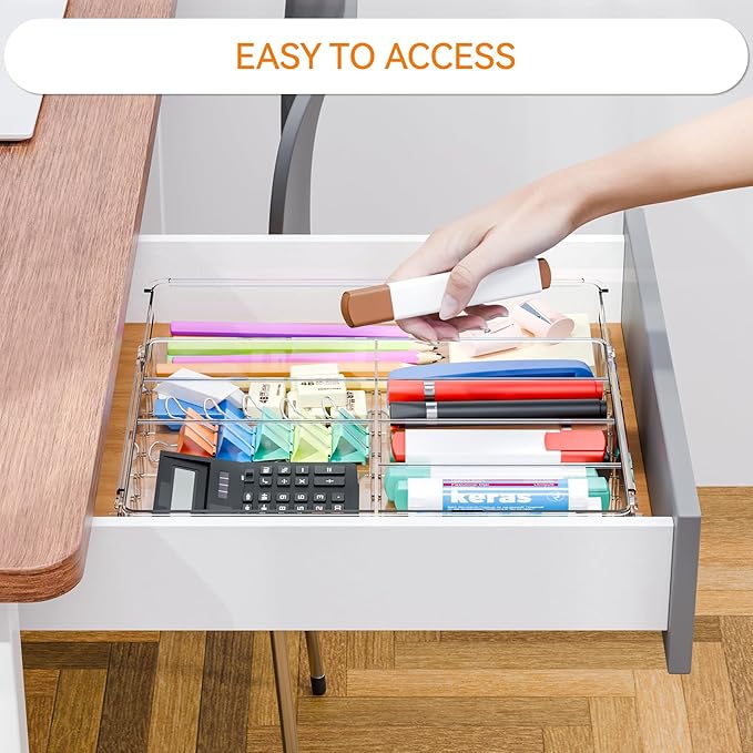 Yieach Expandable Desk Drawer Organizer Tray,1.8 Inch High Junk Drawer Organizer for Kitchen,Clear Shallow Office Drawer Organizers With 10 Compartments for Pencil,Pen,Office Supplies and Accessories