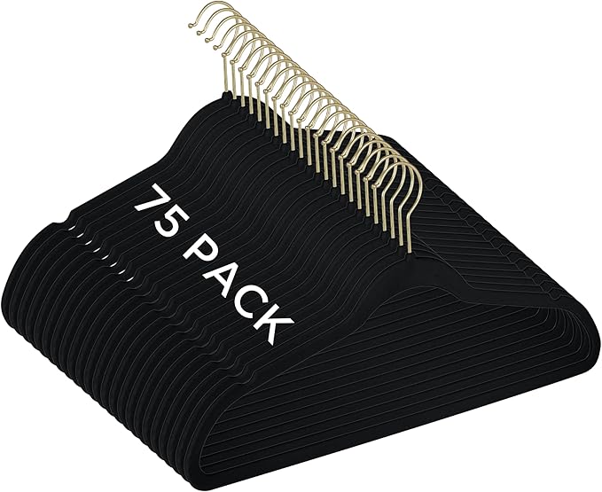 Simplify Slim Velvet Gold Hook Clothes Hangers 75 Pack | Non-Slip | Shirts | Suit | Pants | Dresses | Garments | Closet Storage & Organization | Durable | Black