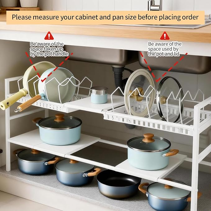 Pots and Pans Organizer Under Cabinet, Expandable Length, Adjustable Height Under Sink Shelf 2 Tier with 5 Dividers Under Cabinet Shelf, Metal Frame for Bathroom Kitchen Pantry Cabinet (White)