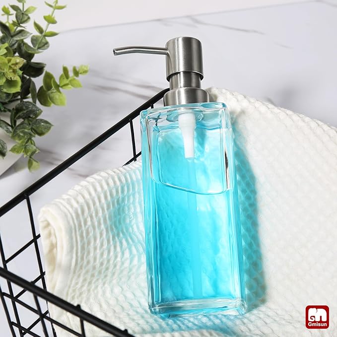 GMISUN Glass Soap Dispenser with Stainless Steel Pump, Clear Hand Soap Dispenser for Bathroom, 12 fl oz/350ml Dish Dispensers for Kitchen, Modern Refillable Liquid Soap Lotion Bottle for Countertop