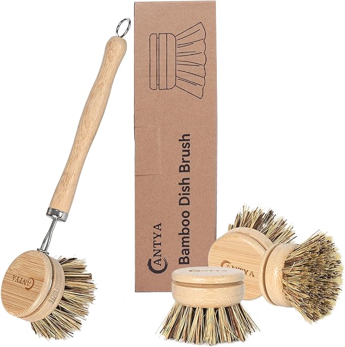 Bamboo Dish Scrubber with Handle - Hard Bristle, Natural Dish Brush, Sustainable & Biodegradable, Kitchen Scrub Brush for Dishes, Iron Pots, Baking Trays, Barbecue Grills