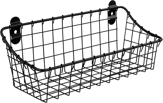 Spectrum Small Wire Wall Basket Matte Black Mounted Rustic Wall Bin, Vintage Wall Mounted Basket Organizer for Pantry Storage, Wall Mount Storage Wire Caddy for Kitchen Organization