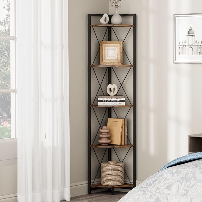 5 Tier Corner Shelf Stand, 64" H Tall Industrial Corner Bookshelf for Living Room Decor, Metal Corner Shelf, Plant Stand Display Shelf for Bedroom, Bathroom, Small Space, Rustic Brown